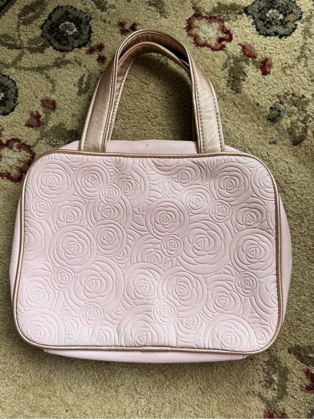 Betsey Johnson Pink Rose Gold Floral Bow Travel Cosmetic Bag